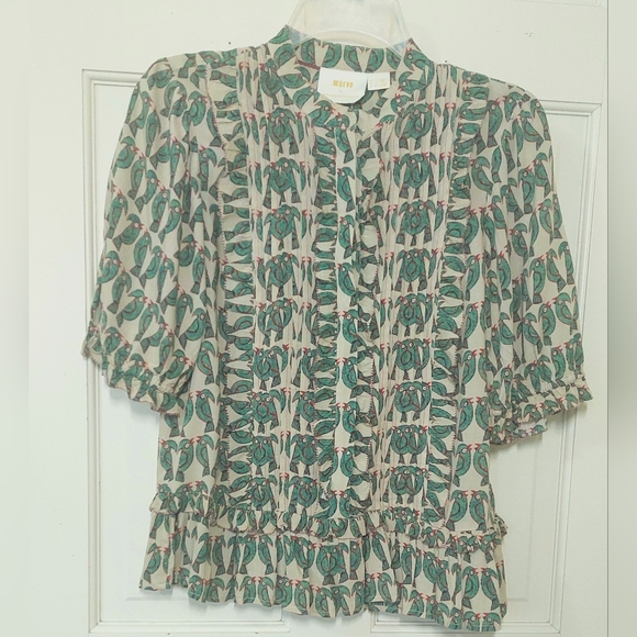 NWOT Anthropologie Maeve Parrot Ruffled  Pleated Puff Sleeve Peplum Top, Size S - Picture 5 of 11